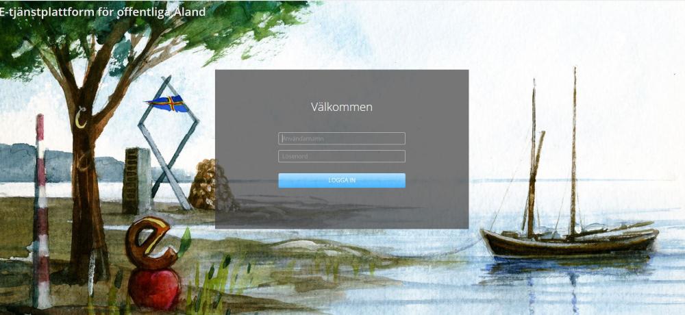 E-tjänsteplattformens inloggningssida med en vacker målning av Jonas Wilén.
